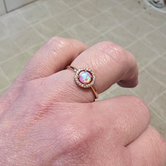 Neiman Marcus 14K Gold Plated Adjustable Halo Red Created Opal Ring - Picture 1 of 6